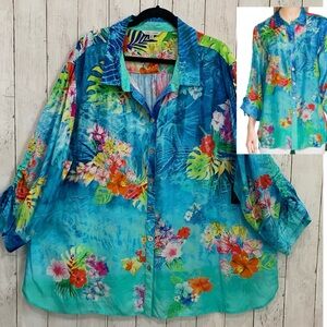 John Mark Tropical 3X Floral Elbow Cinched Tie 3/4 Sleeve Button Front Tunic NWT